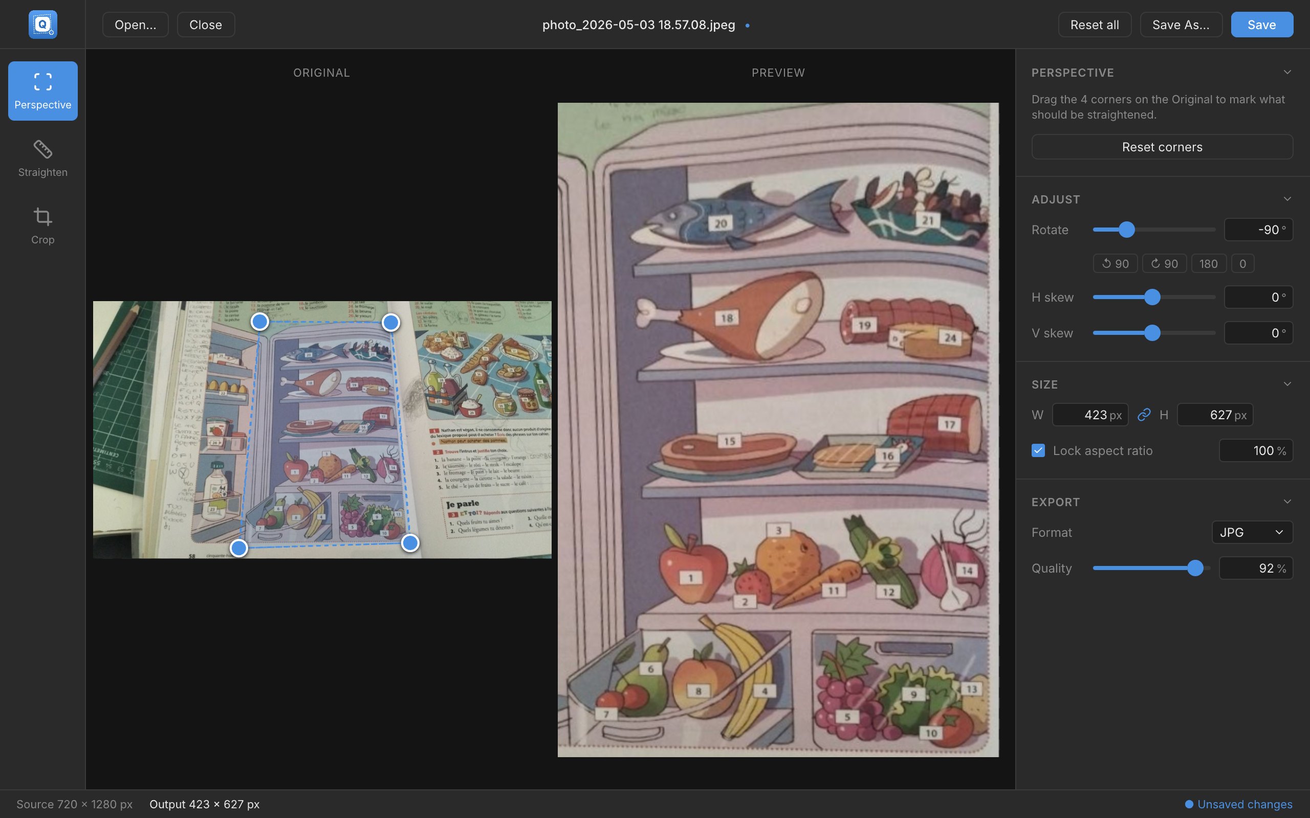 The Quadra editor: a tilted book page with four corner handles on the left and the straightened preview on the right.